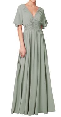 Dear Cleo Willow Bridesmaid Gown Pleated V Neck Short Sleeve Chiffon Ivy Green